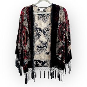 Aris.A burnout beaded kimono with hem tassles, open front, flowy, M/L